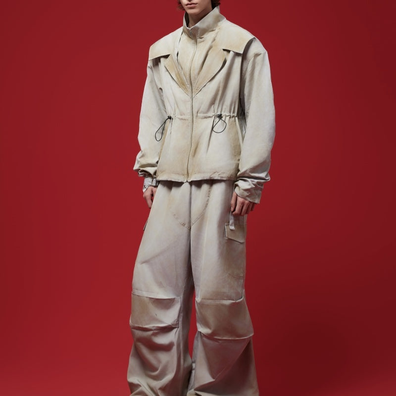 Distressed Inkjet Fake Two-piece Design Jacket Deconstructing Charge Jacket Suits Overalls