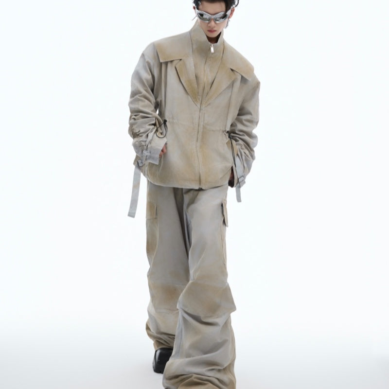 Distressed Inkjet Fake Two-piece Design Jacket Deconstructing Charge Jacket Suits Overalls