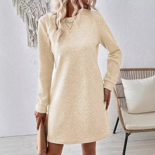 Solid Color Oblique Checkered Textured Round Neck Long Sleeve Casual Women's Clothing